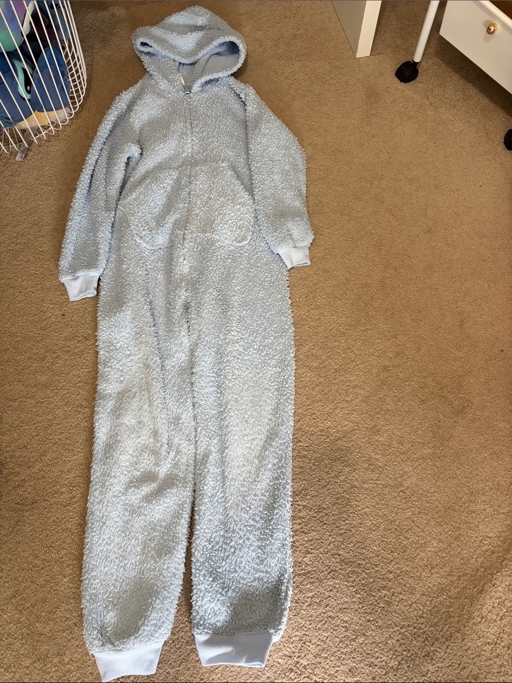 Cat & Jack Light Blue Fuzzy Hooded One-Piece PJ girls size 10/12